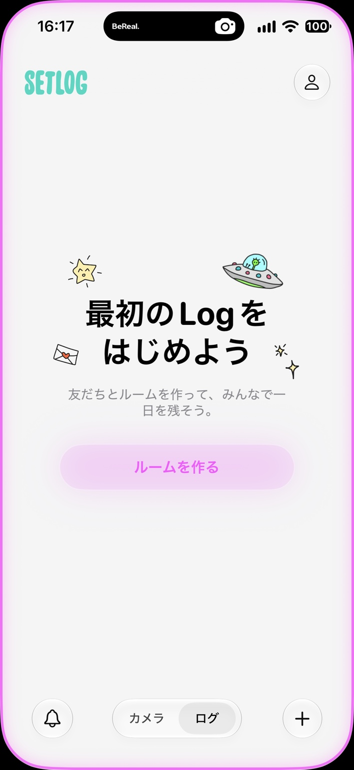 Setlogの初期画面。最初のLogをはじめよう、ルームを作るボタン